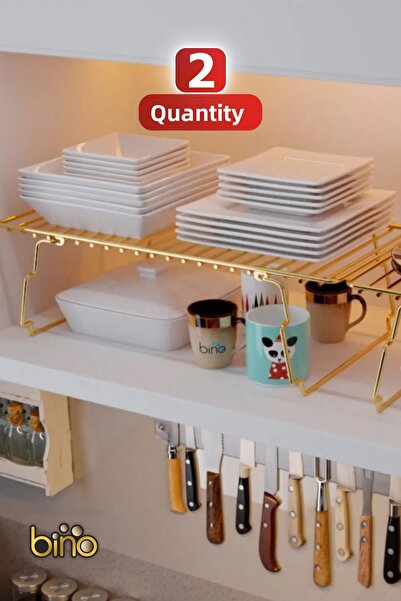 Bino 2 قطعة رف منظم داخل الخزانة قابل للطي لسطح المطبخ رف منظم من الفولاذ المقاوم للصدأ لون ذهبي