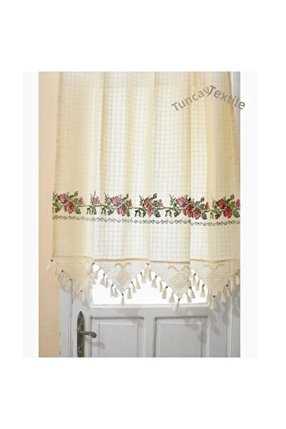 TUNCAY TEKSTİL ستارة بولدان حمراء متقاطعة ومخيطة يدويًا من الكتان المقاوم للش...