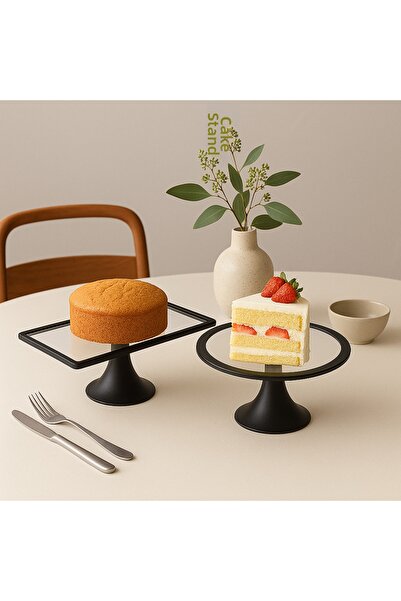 Fiyakalı Ürünler Atölyesi حامل كيك دائري ومستطيل أسود مكون من قطعتين، حامل تقديم الكيك والبسكويت، هدية، هدية