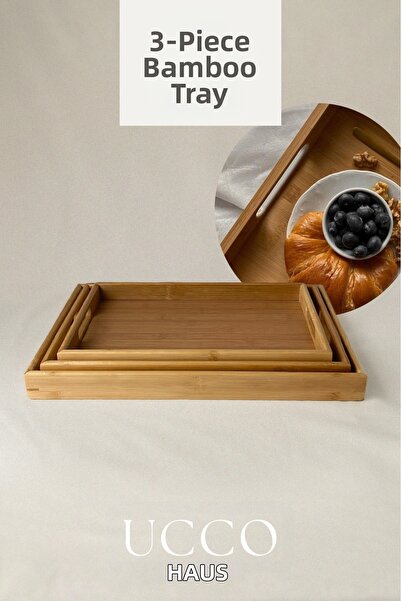 UCCO مجموعة من 3 صواني من الخيزران |   صينية تقديم من الخشب الطبيعي |   40x28...