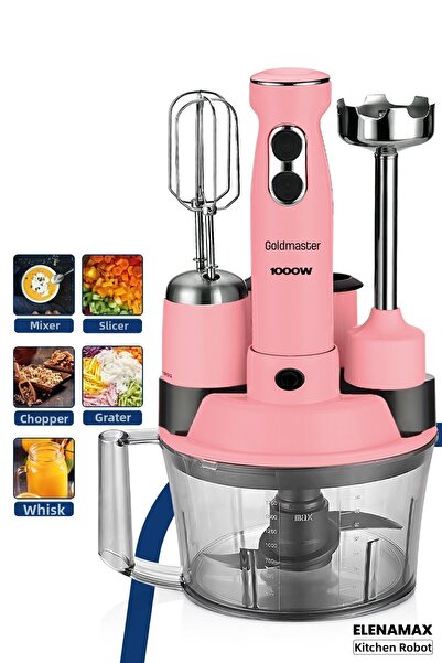 GOLDMASTER Elenamax Pink 1000 Watt Speed Adjustable 100% Copper Motor 5 In 1 Food Processor Multi Blender Set