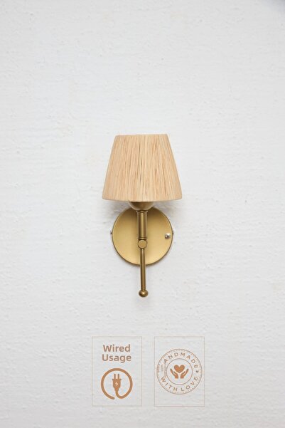 Maison Avf Raffia Fringeless Bohemian Wicker Wired Wall Lighting Sconce - Bottom Antique Gold