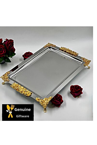 NEWTREND Züccaciye (43 × 33 سم) طبق تقديم الشاي والقهوة والحلويات مستطيل فضي اللون مع إكسسوارات أنيقة