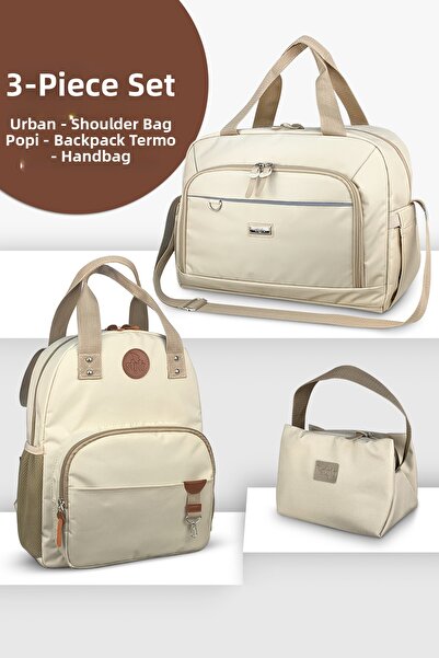 Stylo Set of 3 Mother Baby Care Backpack & Urban Mother Baby Shoulder Bag & Thermos Bag - Beige