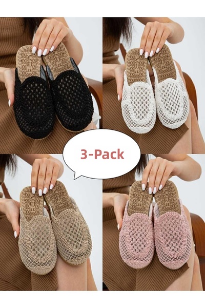 Moda Devrin Pachet de 3 țesătură de paie închisă în față, papuci de casă și de exterior, set de zestre