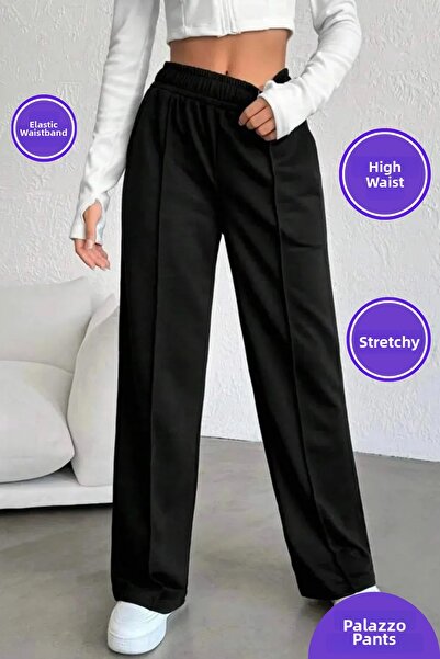 AYMELEK Pantaloni de damă Palozzo Pantaloni cu talie înaltă cu nervuri și det...