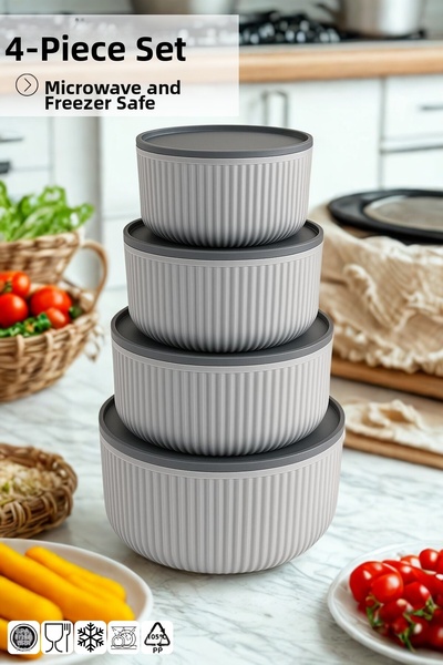 Nandy Home مجموعة من 4 حاويات تخزين دائرية مخططة / 2.5 لتر - 1.5 لتر - 0.80 لتر - 0.45 لتر.