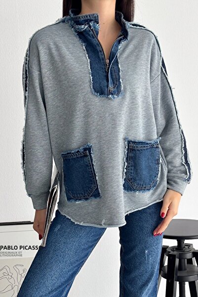 FEMELLE Dámská šedá mikina s kapsami na zip Denim Denim Detailed