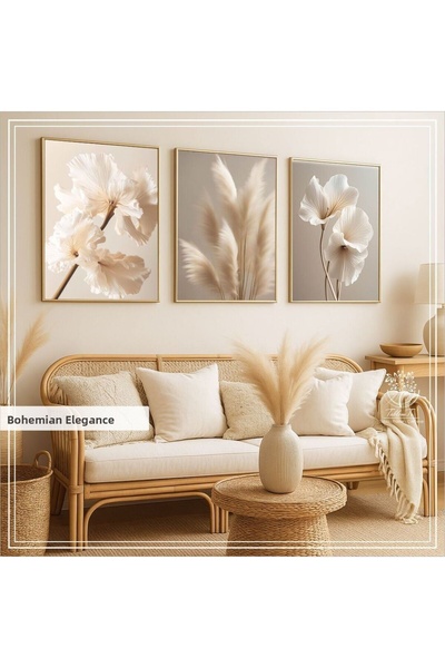 Tablomtr Pictură din 3 piese din sticlă reală cu cadru metalic imprimat digital - Bohemian Elegance