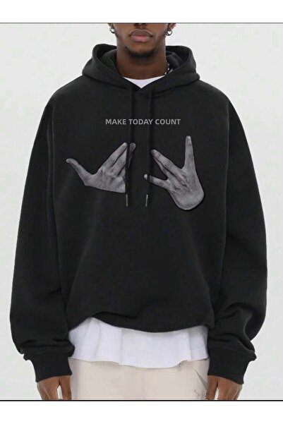 SELENA BUTİK سويت شيرت مطبوع Mone باللون الأسود مقاس كبير للجنسين