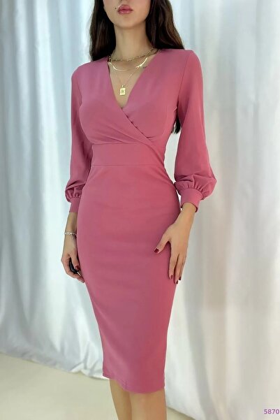 Planet Prestige Tuňákový dvouřadý límec Midi Pencil Dress 58706 sušená růže