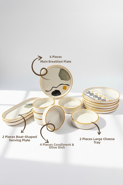 Vienev Axial 14 Piece Stackable Breakfast Set for 6 People - Luxury Breakfast Presentation Set Plate