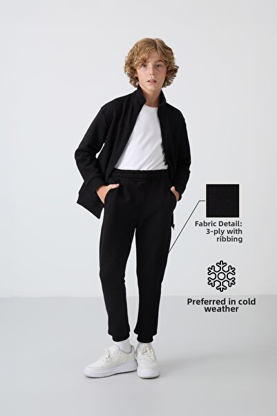 TOMMY LIFE Σετ φόρμας για αγόρια - Μαύρο βαμβακερό, χοντρό τρίχωμα εσωτερικά,...