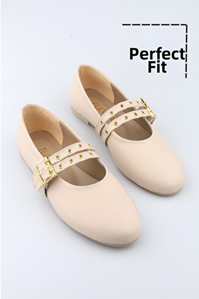 moon glow Γυναικείες μπαλαρίνες μπεζ κρέμα με διπλή πόρπη |   Καθημερινή άνετη επίπεδη σόλα Mary Jane Fashion