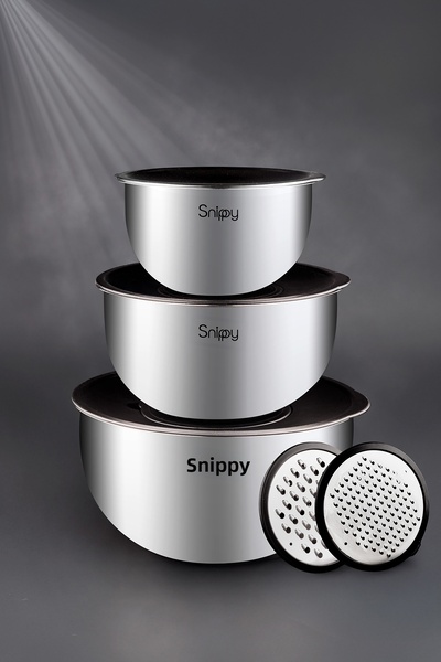 Snippy Inoxa - 9 Piece Stainless Steel Mixing and Storage Bowl Set with Grater (16-20-24 cm)