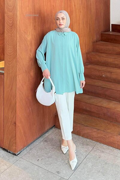 lamelif Hidden Button Detailed Hijab Tunic Mint Green