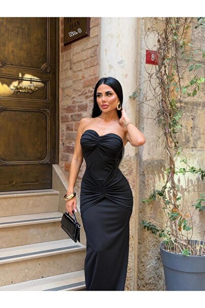 sajarsln Dlouhé šaty Saja Rsln Dalgıç z lycry bez ramínek se stahovací šňůrkou