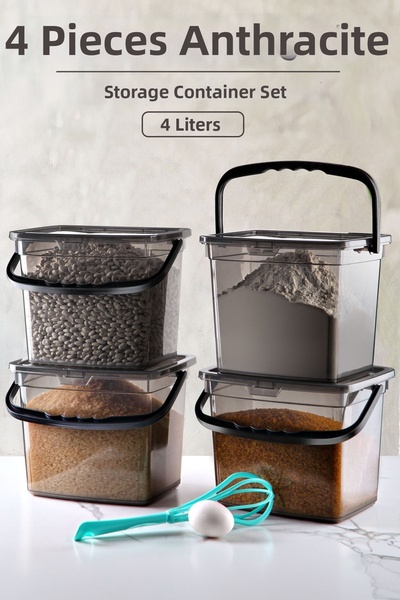 Kitchen Life Mega Size 4-Piece Square Flour Pulses Container (4 Liters) - Detergent Storage Box Container with Handle 4 Pieces