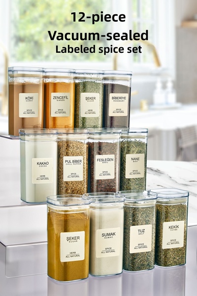 Kitchen Life Set de 12 boluri pătrate acrilice cu vid cu etichete 300 ml - set de boluri pentru condimente cu capac rezistent la scurgeri