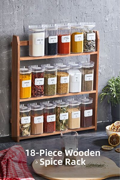 polbo طقم برطمانات توابل 18 قطعة مع حامل خشبي 300 مل – مع ملصق هدية