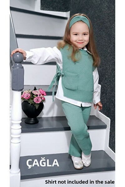 Meriç bebe Set de tricotaje din 3 piese pentru fete la modă, cu bandă de păr, pantaloni, părți deschise și pulovere cu detalii de cravată