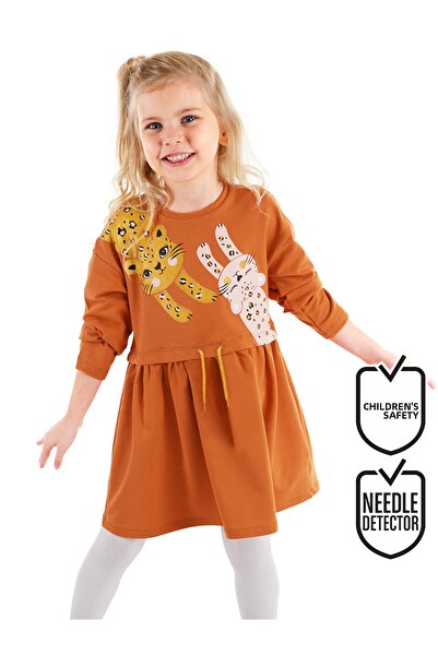 Denokids Long Sleeve Orange Leopard Girl's Dress - Elastic Waist