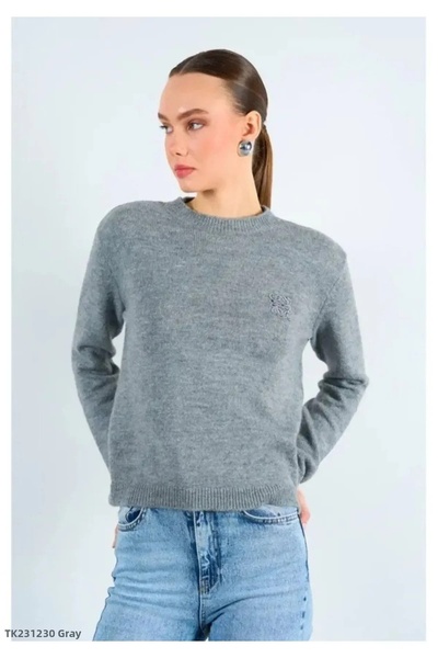 My Blog Pulover din tricotat cu broderie gri - 231290