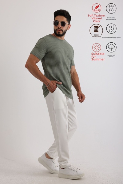 Oyga Men's Ribbed Zinox Fabric T-Shirt & Zippered Double Fabric Trousers Set