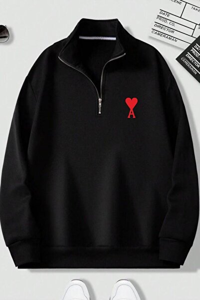 OVER HEAD Hanorac de damă, negru, cu imprimeu inimă, cu jumătate de fermoar