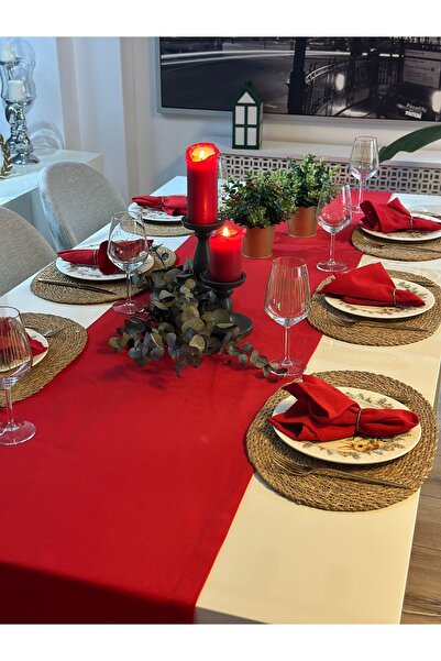 Decamor home مفرش طاولة طويل أحمر اللون مقاوم للبقع من القطن لعيد الميلاد (لا يشمل المناديل)
