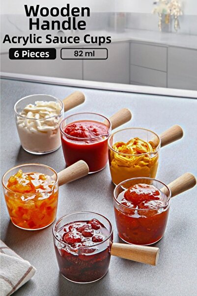 NESS HOME Set de 6 boluri pentru gem de mica cu maner din lemn, bol pentru sos, set de mic dejun pentru prezentare - 82 ml