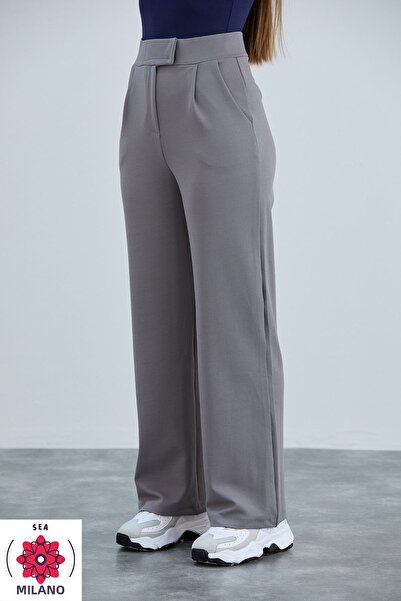 sea milano بنطلون بالازو ليكرا عالي الخصر باللون الرمادي - إغلاق بشريط فيلكرو...