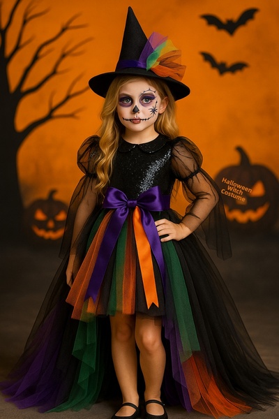 NA ADDESIGN Costum de Halloween, rochie de vrăjitoare din tul negru portocali...