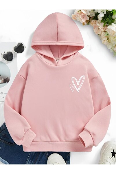 GLOWES Dívčí oversize mikina s kapucí a potiskem srdce z 3nitní bavlny