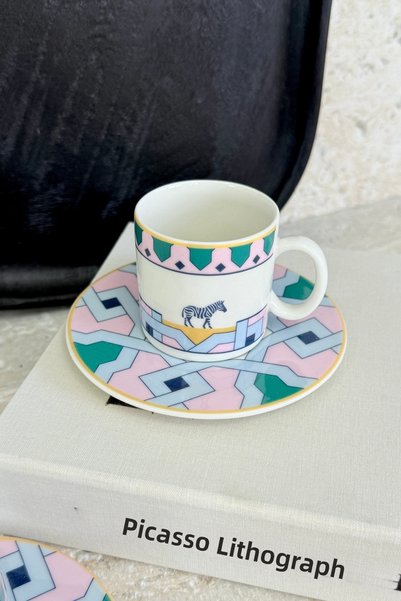 porselenden Lucca Premium Porcelain 4-Piece 2-Person Coffee Cup Set 90 ml Turquoise-Pink Zebra Patterned