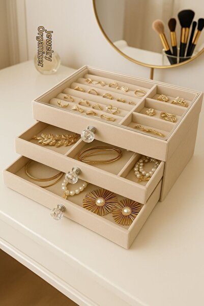 Bayev Cutie de depozitare pentru bijuterii cu sertar de perle, compartimente din catifea, transparentă, pentru bijuterii, inele, colier, elegantă