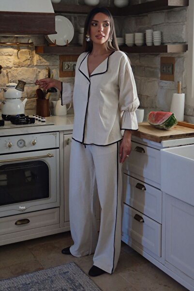 VAGGON Set din in pentru femei, de culoare crem, cu decolteu în V, mâneci ela...