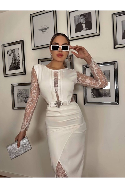 1Moda1Tarz Dámské bílé saténové a krajkové tylové šaty s brožovým detailem