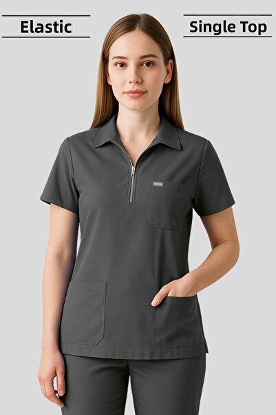 Simirna Üniforma زي طبي موحد بياقة بولو وسحاب من قماش الليكرا الفاخر للأطباء والممرضات