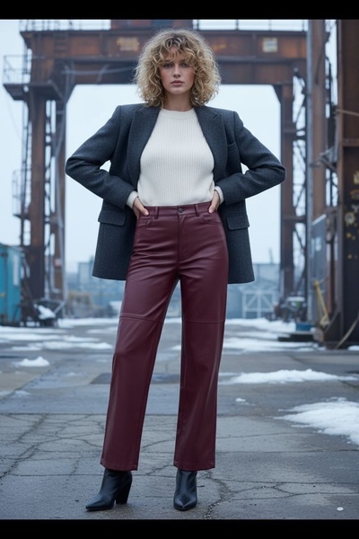 Grenj Fashion Pantaloni din piele Burgundy Relaxed cu cusături în picioare