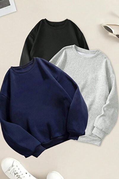 Rokeby Set de hanorace unisex, 3 piese, cu gât crew, bleumarin - negru - gri