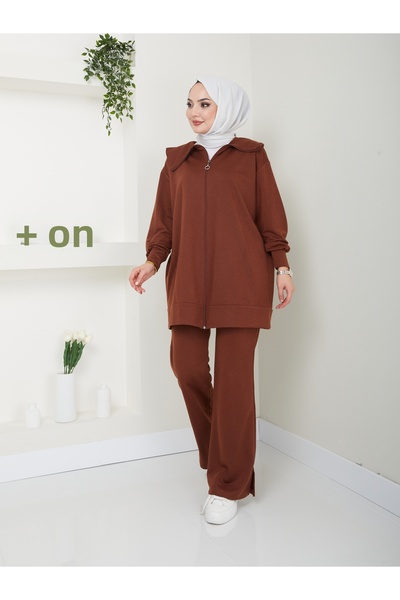 VOLT CLOTHİNG Costum Hijab de damă cu fante la picior, guler cu fermoar și pantaloni detaliați