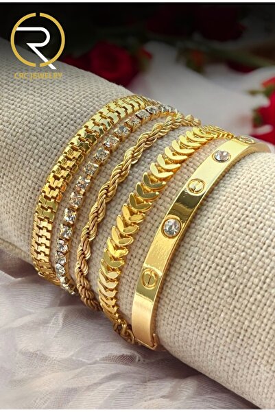 Crc Bijuteri مجموعة أساور نسائية مكونة من 5 أحجار زركون وتفاصيل متعرجة بلون ذهبي لا يبهت