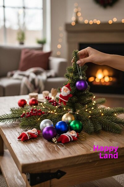 Happyland Christmas Pine Tree Decoration Set with Santa Claus (6 Red Santa Clauses, 6 Colored Balls of 4 cm)