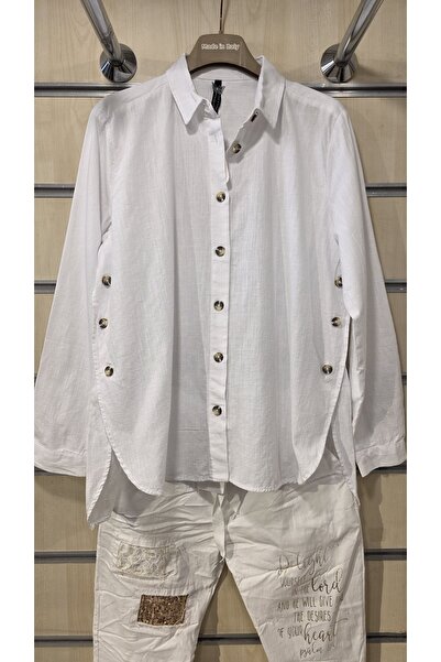 trendbysena قميص نسائي أبيض بأزرار وفتحات جانبية