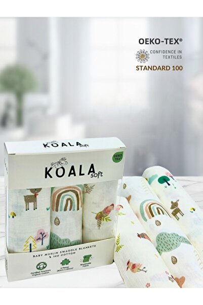 Koala Soft بطانية موسلين - طقم 3 قطع 80x80 سم، قماش موسلين ناعم وقماط من Oeko...