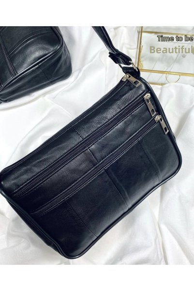 Deribag Genuine Leather, Medium Size, Multi-Pocket, Black, Crossbody Shoulder Bag 25*21*7