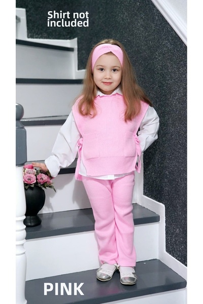 Meriç bebe Set de tricotaje din 3 piese pentru fete la modă, cu bandă de păr, pantaloni, părți deschise și pulovere cu detalii de cravată