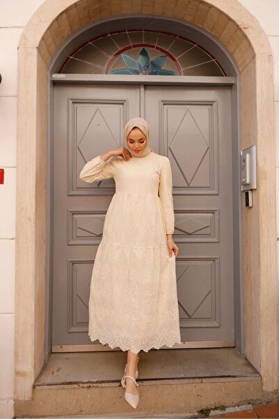 PİNK FLY Rochie de damă cu dantelă cu broderie lungă - crem