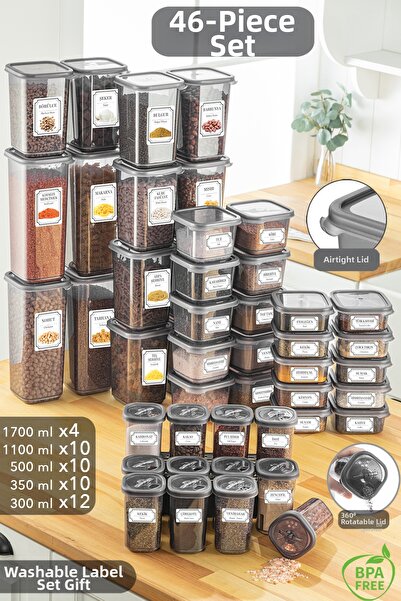 Meleni Home مجموعة توابل تخزين المواد الغذائية والبقوليات المربعة المكونة من 46 قطعة 12 × 300 مل 10x (350 مل 500 مل 1100 مل) 4 × 1700 مل